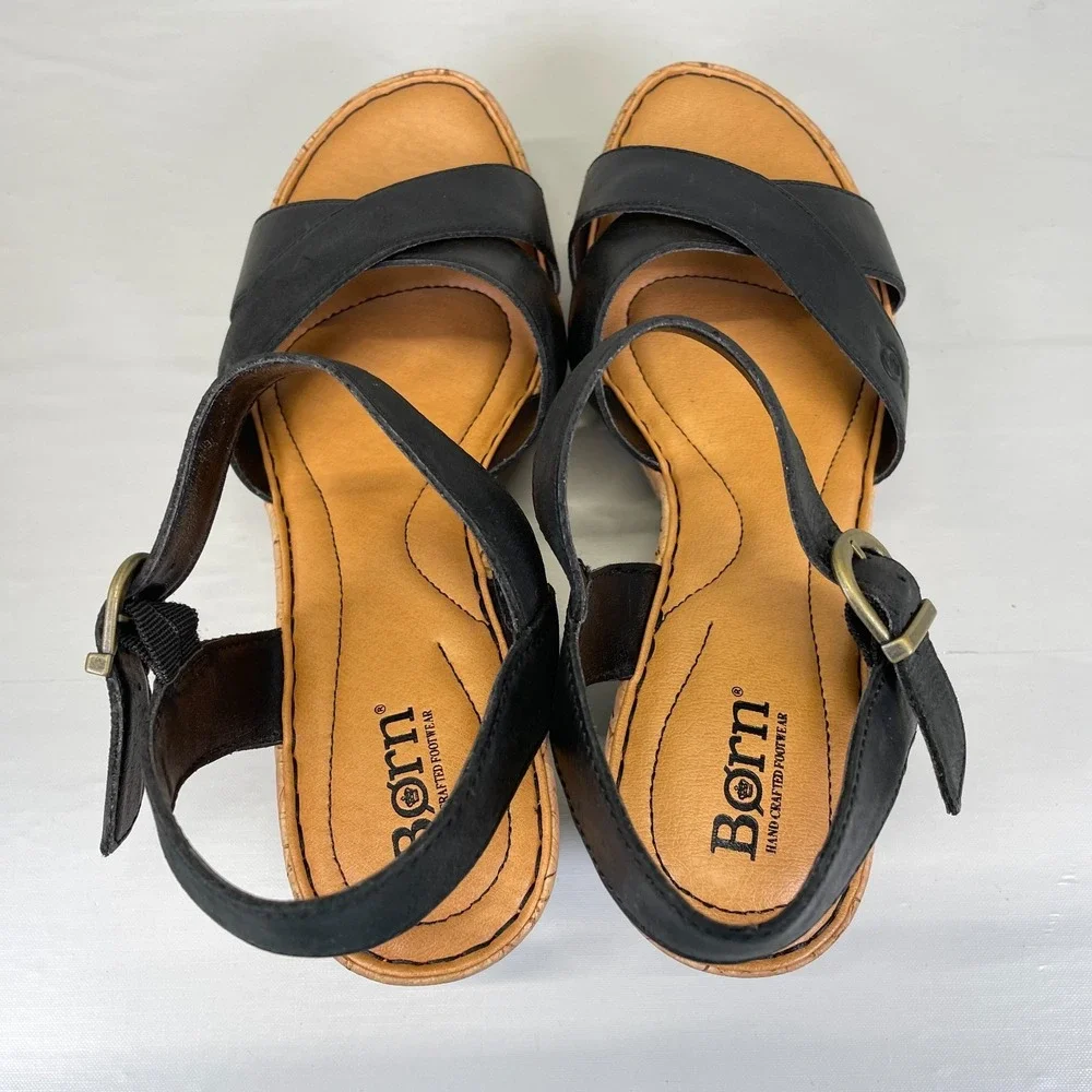 Born Alaina Platform Wedge Sandals Womens Size 10 Black Leather Ankle Strap Shoe